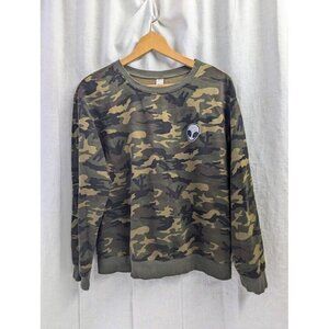 no brand women's large camo alien crew neck sweatshirt, weird, warm layer C12